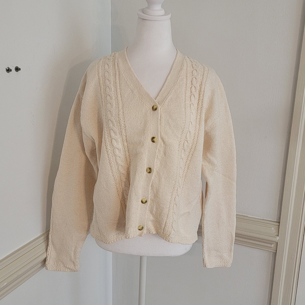 Liz Wear Vintage Cardigan Sweater Cable Knit Button Front Cream Women's Large - Picture 2 of 10